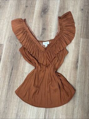 NWT Evereve Dahlia Ruffle Satin Boho Tank Top Rust Copper Size S